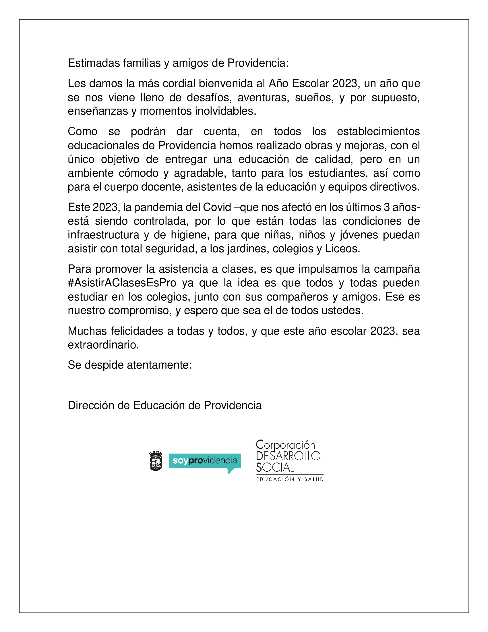 Comunicado Inicio de año escolar 2023