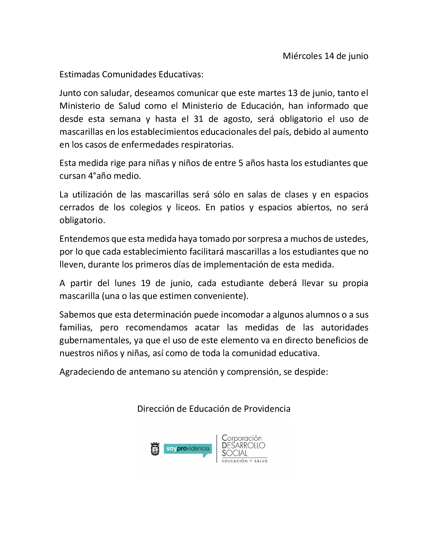 comunicado mascarillas