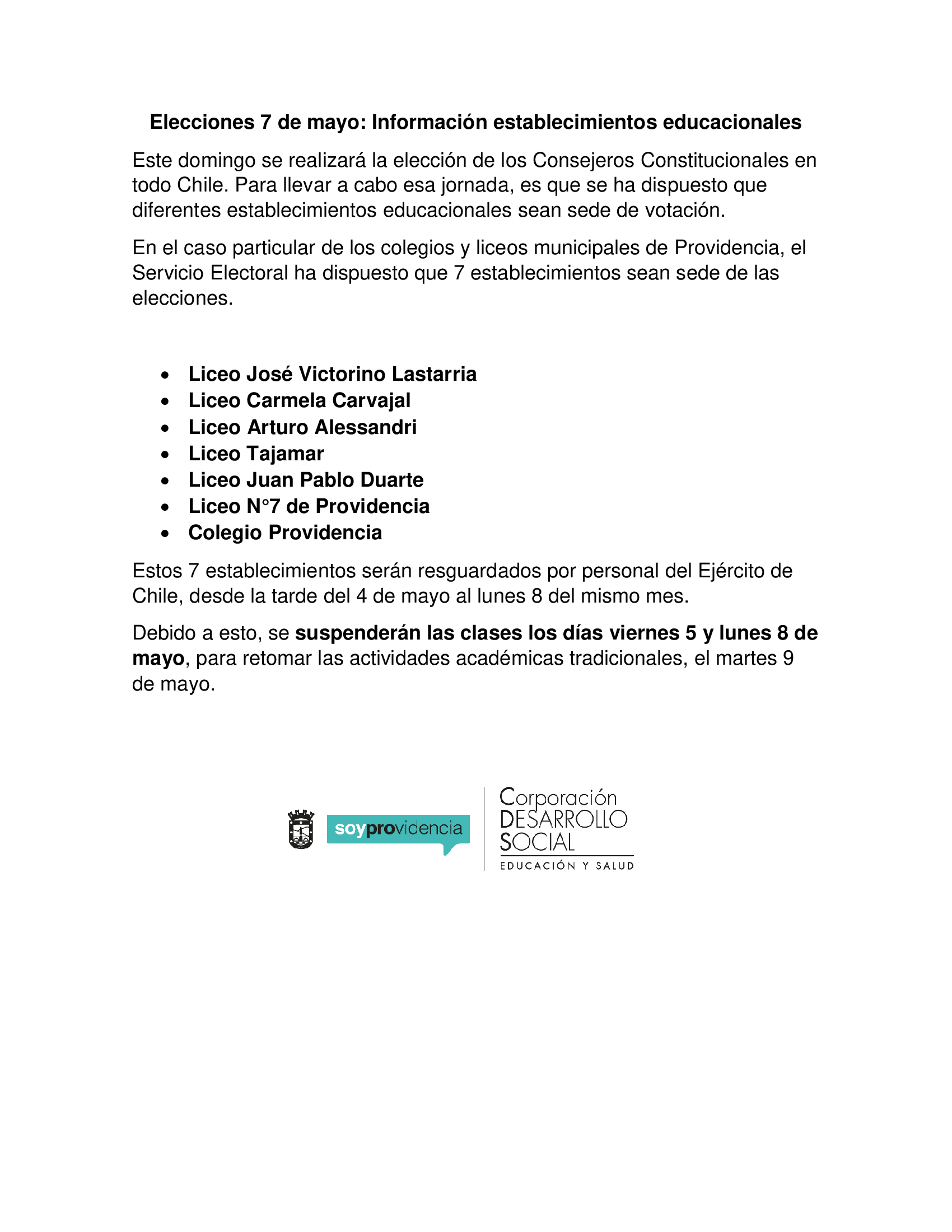 comunicado suspensión de clases
