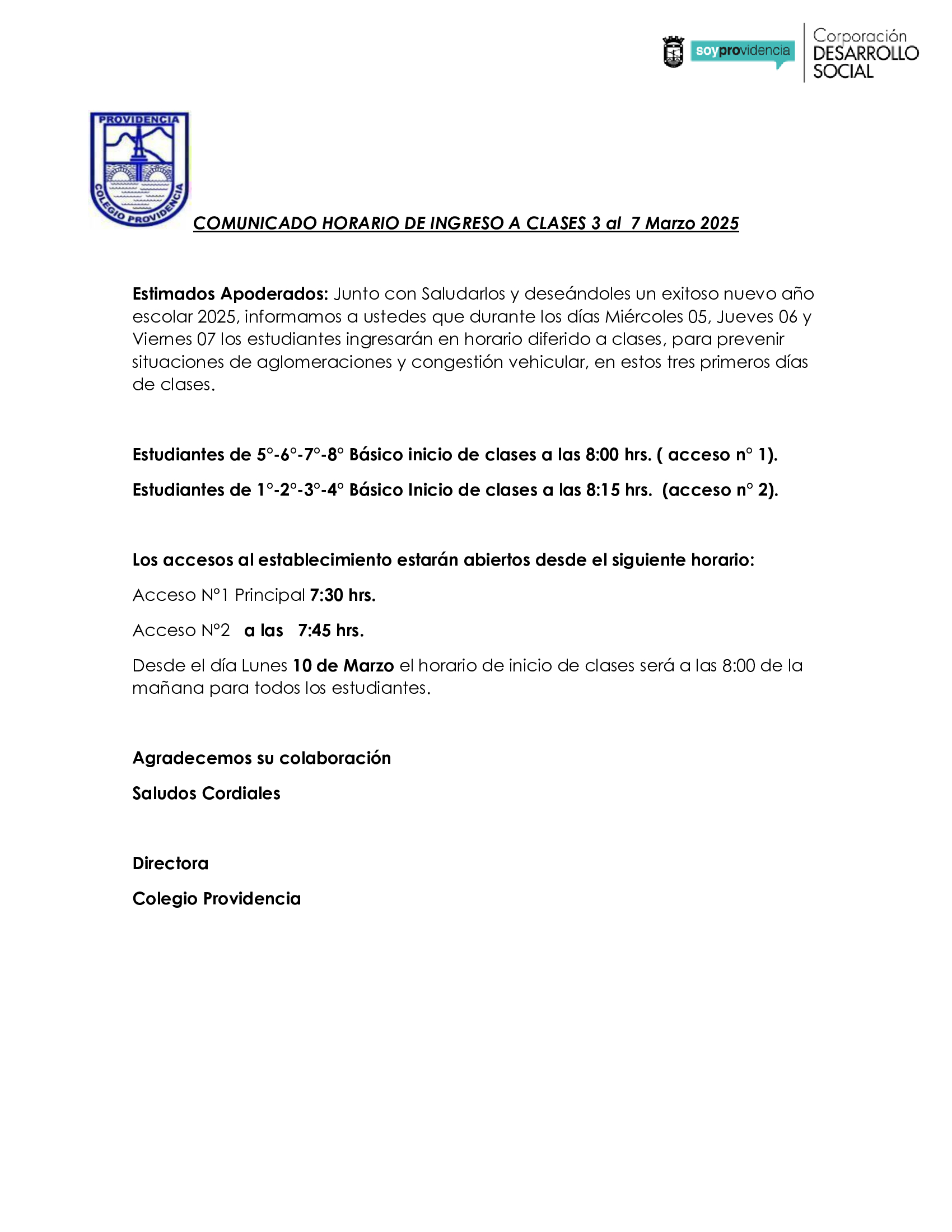 COMUNICADO HORARIO INGRESO A CLASES 2025