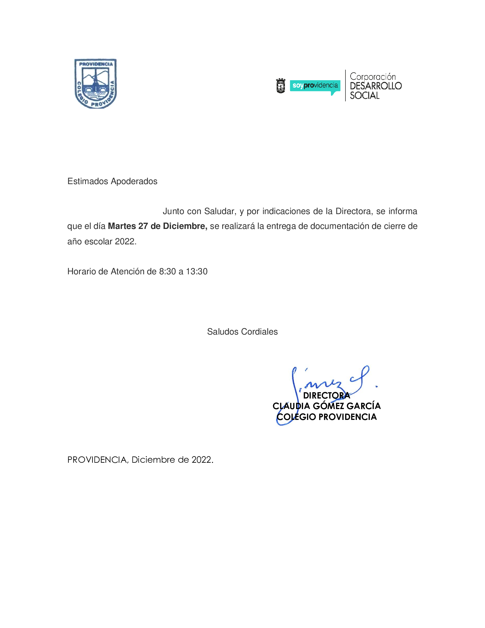 Fecha y Horario Entrega Documentos