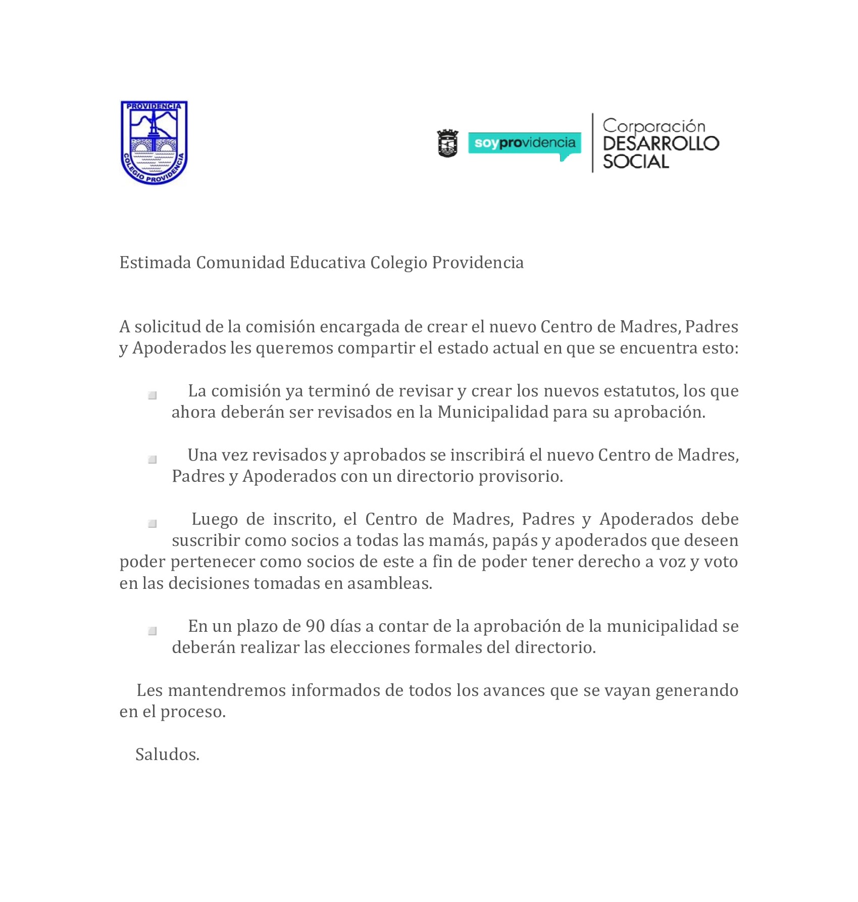 Estimada Comunidad Educativa Colegio Providencia