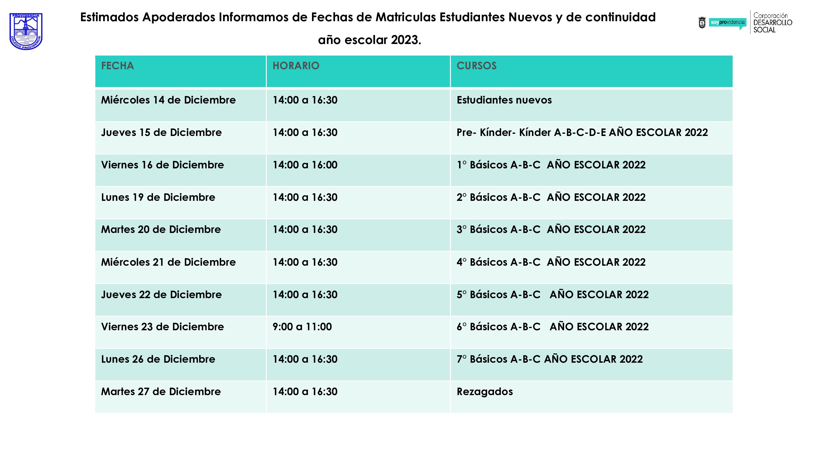 INFORMACIÓN MATRÍCULAS AÑO ESCOLAR 2023