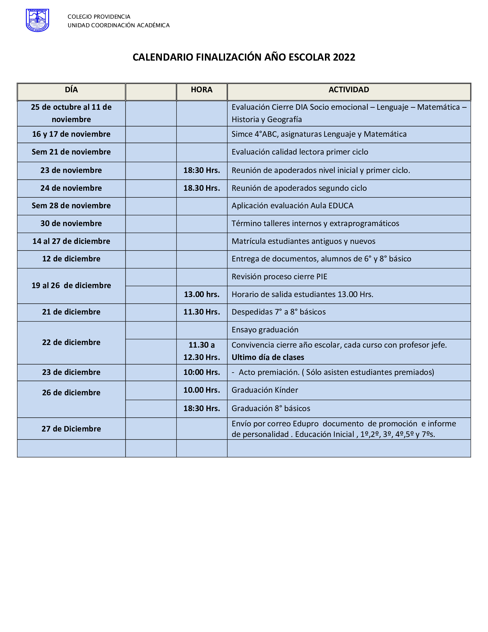 CALENDARIO TÉRMINO AÑO ESCOLAR 2022 Apoderados
